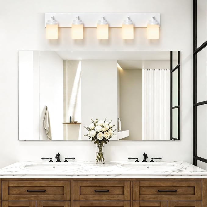 IZORRO Bathroom Vanity Light Fixture, 5-Light 36 Inch White Bathroom Light Fixtures Over Mirror, with White Glass Shade, Modern Farmhouse Vanity Lights, Rustic Restroom Lighting Fixtures