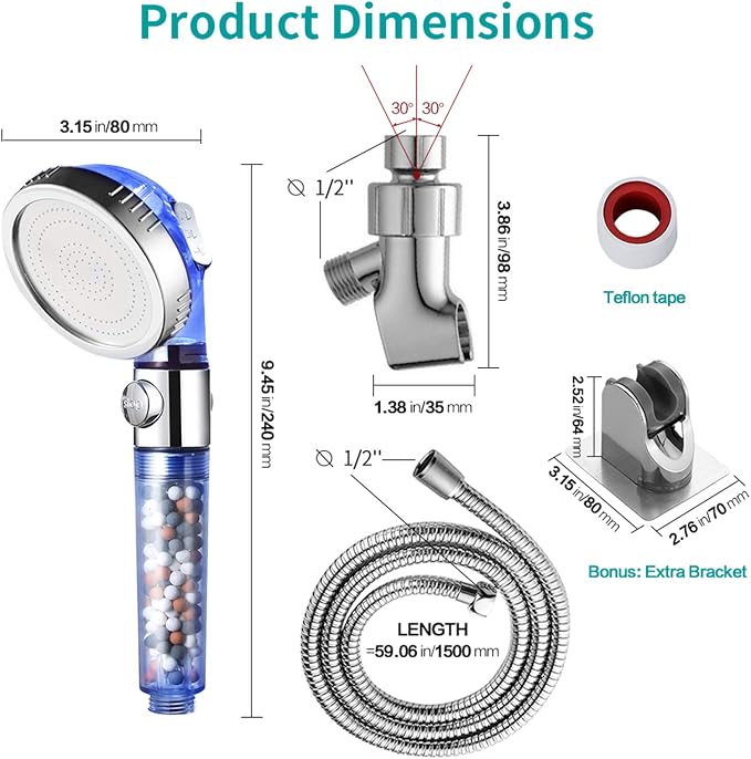 MIAOHUI Blue Zenbody Shower Head with Filter Beads, Shut Off Button | 3 Modes Handheld Filtered Showerhead with On Off Switch, Shower Wand+Hose+Adjustable Bracket+Self-adhesive Holder
