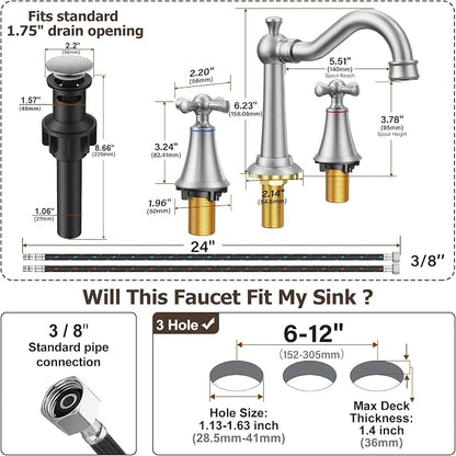 8 Inch Widespread Bathroom Sink Faucet Brushed Nickel, 3 Hole 2 Cross Handles Classic Vintage Antique Faucet with Metal Pop Up Drain and Supply Hoses for Vanity, RV, Farmhouse