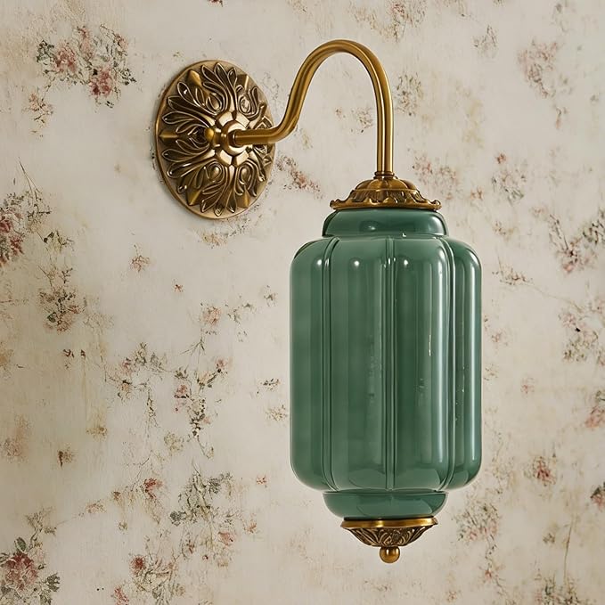 Vintage Milk Glass Wall Sconce, Antique Green Glass Sconce with Art Deco Gold Carved Metal, Hardwired Retro Light Fixture (E12 Bulb, Warm Light) for Bedroom Bathroom Living Room (Vintage Green 1pack)