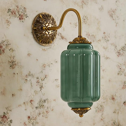 Vintage Milk Glass Wall Sconce, Antique Green Glass Sconce with Art Deco Gold Carved Metal, Hardwired Retro Light Fixture (E12 Bulb, Warm Light) for Bedroom Bathroom Living Room (Vintage Green 1pack)