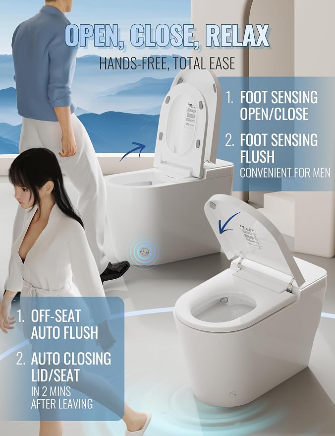 Smart Toilet with Bidet Built in, Auto Open/Close, Foam Shield, Foot Sensing Operation, Built-in Tank & Pump-Assisted Auto Flush, Wider Heated Seat, Luxury One Piece Elongated Bidet Toilet