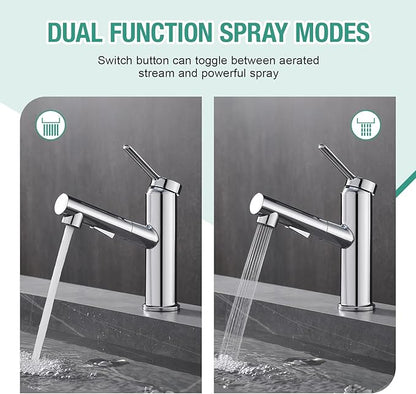 Faustina Bathroom Faucet with Pull Out Sprayer, Polished Finish Bathroom Sink Faucet for Vanity or Laundry, Stainless Steel 1 Handle with Deck Plate for 1 or 3 Hole