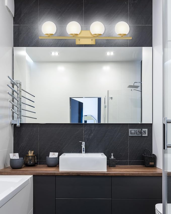 New Bathroom Vanity Light Fixtures Brushed Brass Milk White Globe Glass Shade 4 Lights Modern Wall Bar Sconce Over Mirror