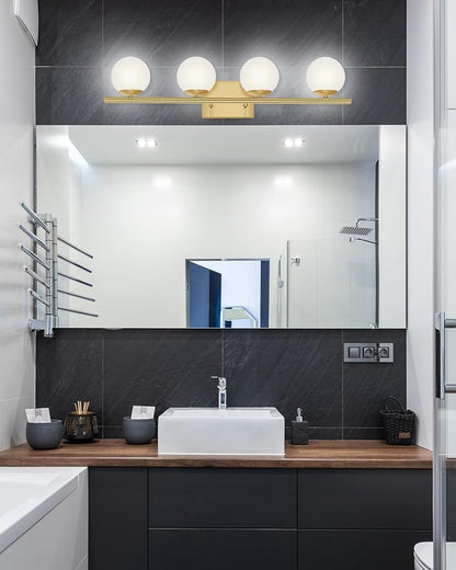 New Bathroom Vanity Light Fixtures Brushed Brass Milk White Globe Glass Shade 4 Lights Modern Wall Bar Sconce Over Mirror