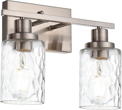 MELUCEE Indoor Wall Sconces Brushed Nickel with Clear Hammered Glass | 2-Light Modern Bathroom Vanity Light Wall Mount Lamp for Mirror Powder Room Dressing Table (Patent No.: US D963914 S)