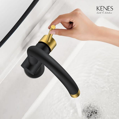 KENES Black and Gold Single Handle Bathroom Sink Faucet, Modern Prep Wet Bar Sink Faucet with Drain Assembly & Deck Plate, Vanity Faucets for Farmhouse RV Camper Utility, KE-9005B-BG