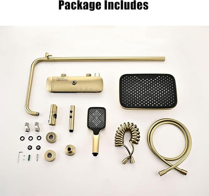BEITH Thermostatic Shower System, 4 Piano Keys UFO Shower Faucet Set, 31x20cm Square Shower Set, Digital Display, 360° LED Ambient Light, Hydroelectric Power, with Bathtub Faucet (Brushed Gold)