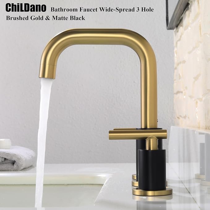ChiLDano 8 inch Widespread Bathroom Faucet with Drain and Supply Hose | Black and Gold Bathroom Faucet for Sink 3 Hole , 2 Handle Bathroom Sink Faucet CH3166BGB