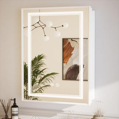 TETOTE 24 x 30 White Led Lighted Medicine Cabinet Mirror with 3-Color Lights, Wall Mount or Recessed Cabinet Mirror for Bathroom with Storage, Tempered Glass, 2 Outlets, Anti-Fog, Adjustable Shelf