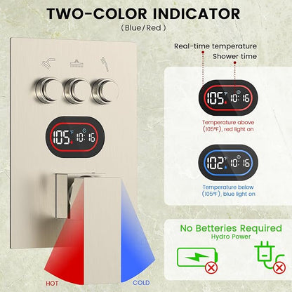 Longriver 3-Push Button Shower Faucet Set Hydro Power Temperature Display | Shower System Wall Mounted 10" & 6" Shower Head with 3-Spary Handheld, Shower Fixtures with Valve and Trim Kit-Brushed Nickel