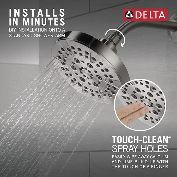 Delta 6-Setting Brushed Nickel Shower Head with High Pressure Spray, 6 Inch Round Shower Head, Showerheads, 1.75 GPM Flow Rate, Stainless 52535-SS