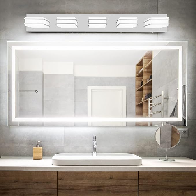 GOODATE 3 Color Temperature Dimmable Vanity Lighting Fixtures, LED Chrome 5 Light Bathroom Vanity Light, Acrylic Stainless Steel Square Shade Vanity Lights for Bathroom, ETL Certificated