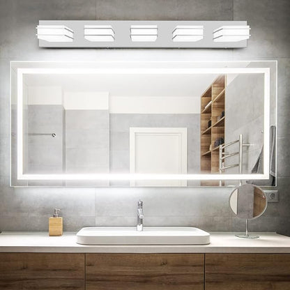 GOODATE 3 Color Temperature Dimmable Vanity Lighting Fixtures, LED Chrome 5 Light Bathroom Vanity Light, Acrylic Stainless Steel Square Shade Vanity Lights for Bathroom, ETL Certificated