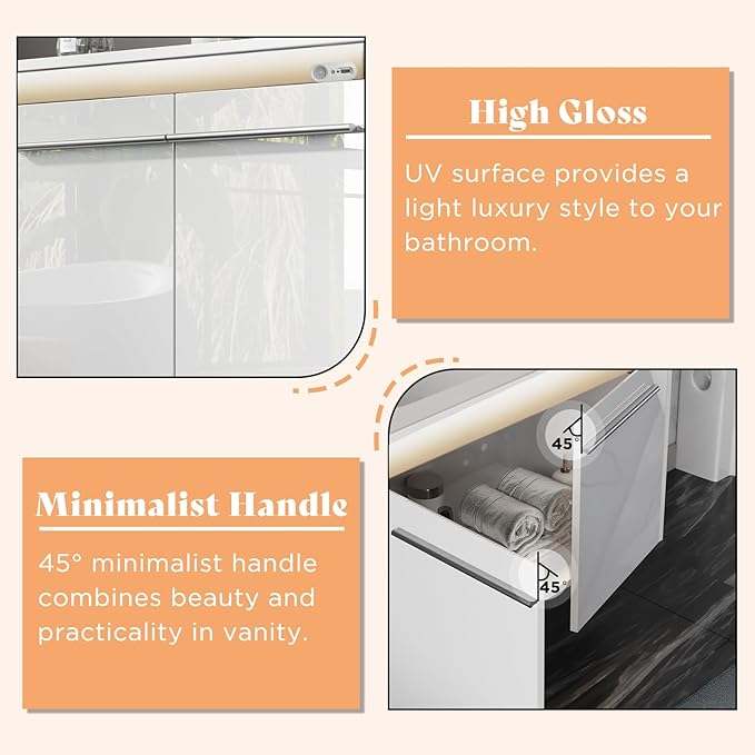 AMERLIFE 31" LED Floating Bathroom Vanity with Single Sink, Modern High Gloss Wall Mounted Bathroom Storage Cabinet with Metal Handles, White