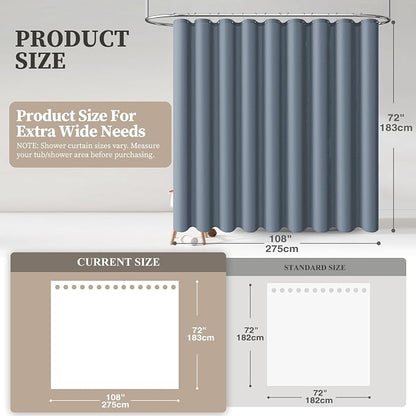 108x72 Linen Textured Waterproof Cloth Shower Curtain Set, Blue Grey | Extra Wide Size, 230GSM Polyester, Heavy Duty Fabric, Weighted Hem, 18 Plastic Hooks, Modern Hotel Style, Machine Washable