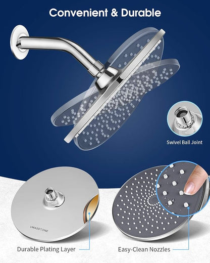 Large Shower Head VMASSTONE 9In High Pressure Showerhead - Tool Free Installation- with Large Spray Surfaces and 200 Nozzles for Delicate and Unstimulate Shower Experience (EM-001 Chrome/Dark Grey)