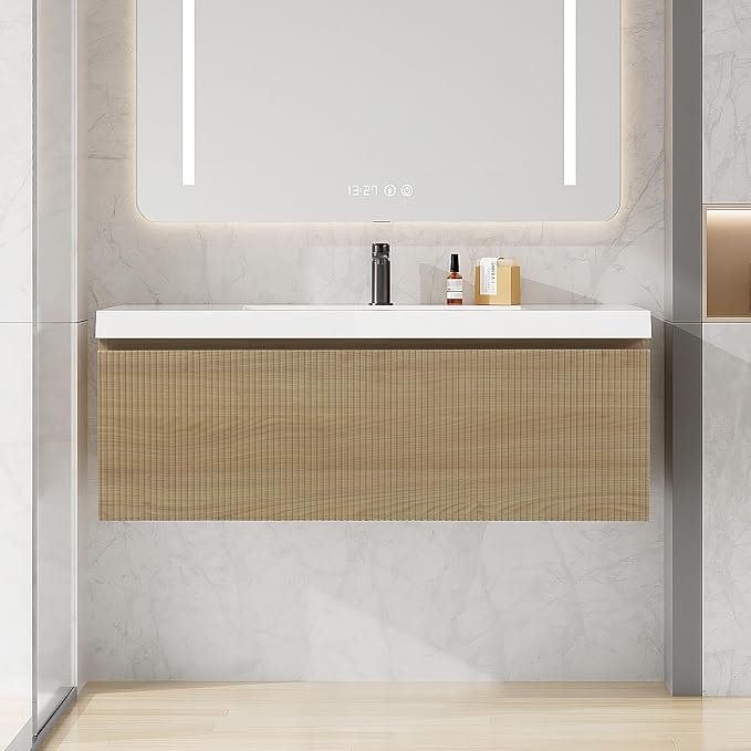 42 Inch Floating Bathroom Vanity with Sink, Modern Oak Wall Mounted Floating Vanity with Glossy Resin Sink, Soft Closing Drawer, Fully Pre Assembled Bathroom Vanity, Natural Oak
