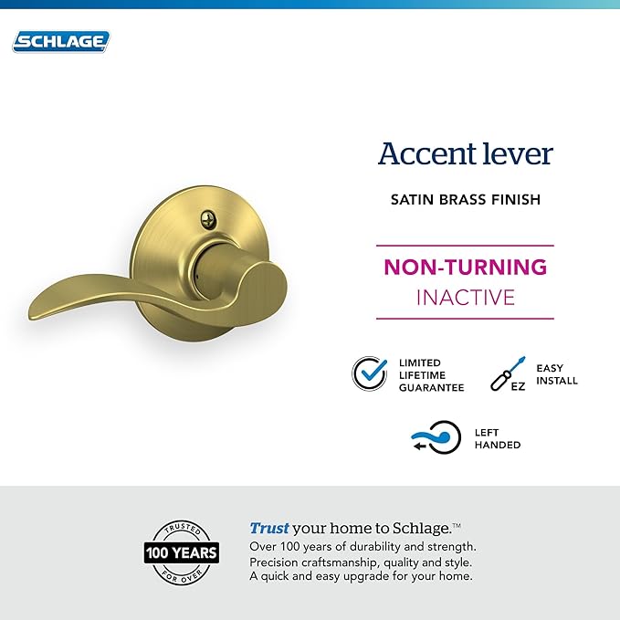 SCHLAGE Accent Lever Non-Turning Lock in Satin Brass - Left Handed - F170 ACC 608 LH