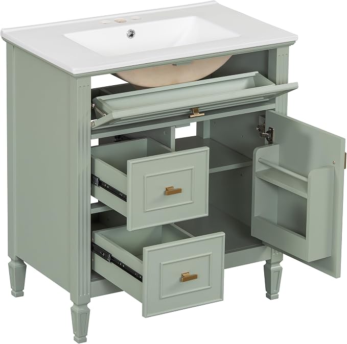 30" Bathroom Vanity with Ceramic Sink, Undermount Single Basin Bath Vanity Set w/1 Flip-Up & 2 Drawers,Modern Freestanding Storage Cabinet w/Adjustable Shelf,Solid Wood Frame,Green
