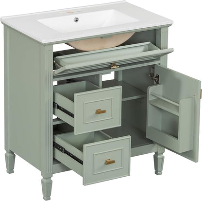 30" Bathroom Vanity with Ceramic Sink, Undermount Single Basin Bath Vanity Set w/1 Flip-Up & 2 Drawers,Modern Freestanding Storage Cabinet w/Adjustable Shelf,Solid Wood Frame,Green