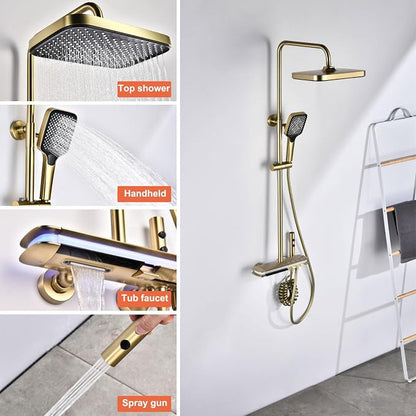 BEITH Thermostatic Shower System, 4 Piano Keys UFO Shower Faucet Set, 31x20cm Square Shower Set, Digital Display, 360° LED Ambient Light, Hydroelectric Power, with Bathtub Faucet (Brushed Gold)