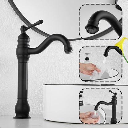 Black Bathroom Faucet GGStudy 360° Swivel Single-Handle One Hole Bathroom Vessel Sink Faucet Matching Pop Up Drain