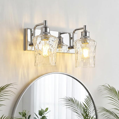 Bathroom Light Fixtures Farmhouse Chrome Vanity Lights for Bathroom Lighting Fixtures Over Mirror with Hammered Glass Lampshade for Cabinet Mirror Bedroom Hallway 2 Light