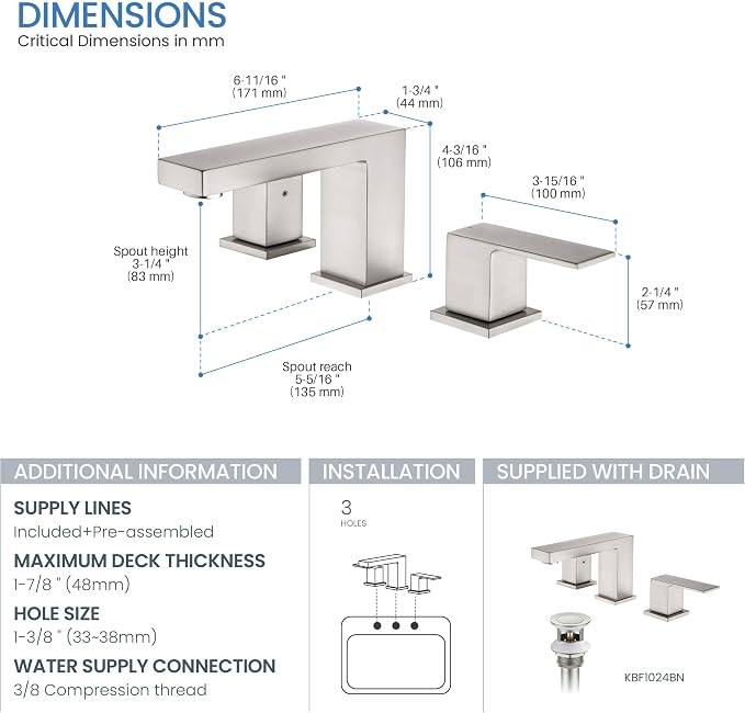 2-Handle Cube Bathroom Sink Faucet with Drain Assembly | 3-Hole Installation, Solid Brass Construction | 8-Inch Widespread Lavatory Faucet | Brushed Nickel, KBF1024