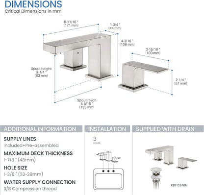 2-Handle Cube Bathroom Sink Faucet with Drain Assembly | 3-Hole Installation, Solid Brass Construction | 8-Inch Widespread Lavatory Faucet | Brushed Nickel, KBF1024