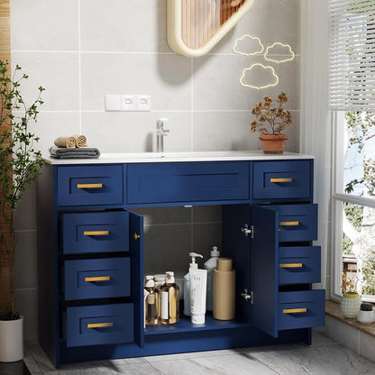 Blue Bathroom Vanity with Sink 48inch | 2 Doors and 8 Drawers | Wood Storage Basin Cabinet with Ceramic Basin for Home and Office