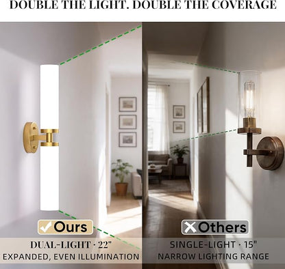 Wall Sconces Set of 2 Hardwired Bathroom Light Fixtures E26 Base | Brushed Gold, 22Inch, Modern Vanity Wall Lighting with Milky White Glass Shade, for Mirror Bedroom Living Room Hallway