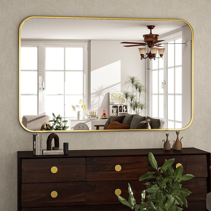 30x48 Inch Gold Bathroom Vanity Mirror for Over Sink | Rectangle Wall Mirror for Bathroom with Round Corner, Hangs Horizontally Vertically for Living Room, Bedroom as Home Decor