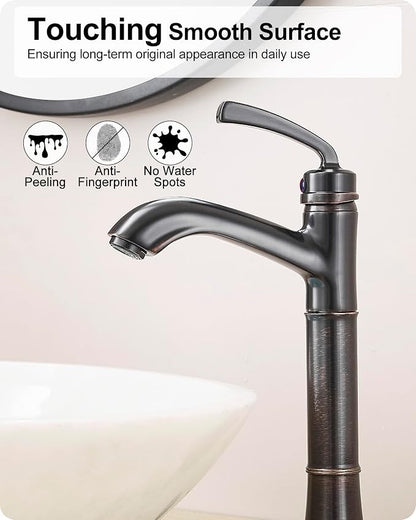Brass Tall Bathroom Faucet 1 Hole, Oil Rubbed Bronze Bathroom Vessel Sink Faucet Single Handle with Pop-Up Drain & Pre-Installed Hoses, 5 Mins Install