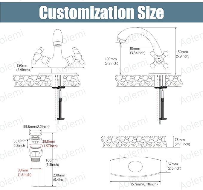 Aolemi Bathroom Sink Faucet Single Hole Cold and Hot Double Handle Cross Knobs Vanity Vessel Sink Basin Mixer Tap with Deck Cover Plate with Pop Up Drain Brushed Nickel