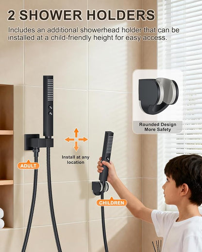 Shower System with Tub Spout, Wall Mounted Bathtub Shower Faucet Set, 12" Rainfall Shower Head and Handheld Shower Combo, High Pressure Shower Fixtures Set with Rough-in Valve, Matte Black