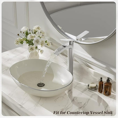 Phiestina Brushed Nickel Tall Bathroom Vessel Sink Faucet 2 Pack, Single Hole Single Handle Waterfall Above Countertop Sink Bathroom Faucet, with Pop Up Drain and Water Supply Line, NS-SF01-V-BN-2pack