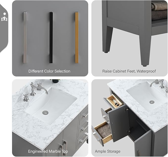 Vanity Art 36 inch Bathroom Vanity with Single Sink & Ceramic Top, Vanity Cabinet with Soft-Closing Doors, Drawers, Solid Wood Frame, Cashmere Gray, VA9036-G-MB1