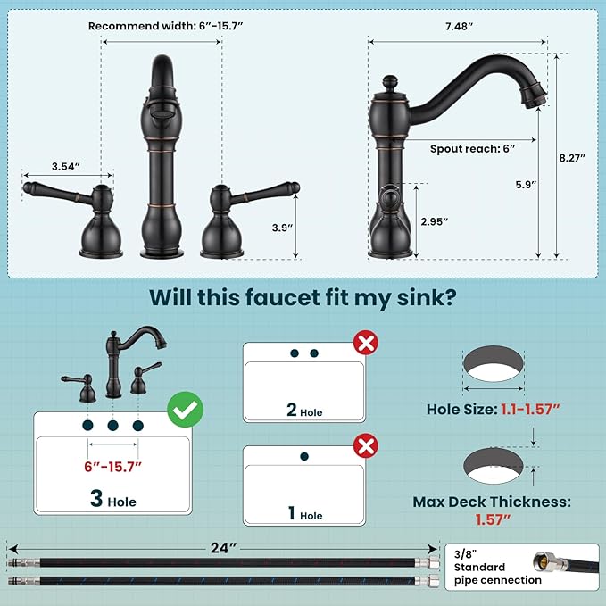 gotonovo 8 Inch Widespread Bathroom Faucets for Sink 3 Hole 2 Lever Handle Deck Mount with Pop Up Drain Hot and Cold Water Supply Lines Oil Rubbed Bronze