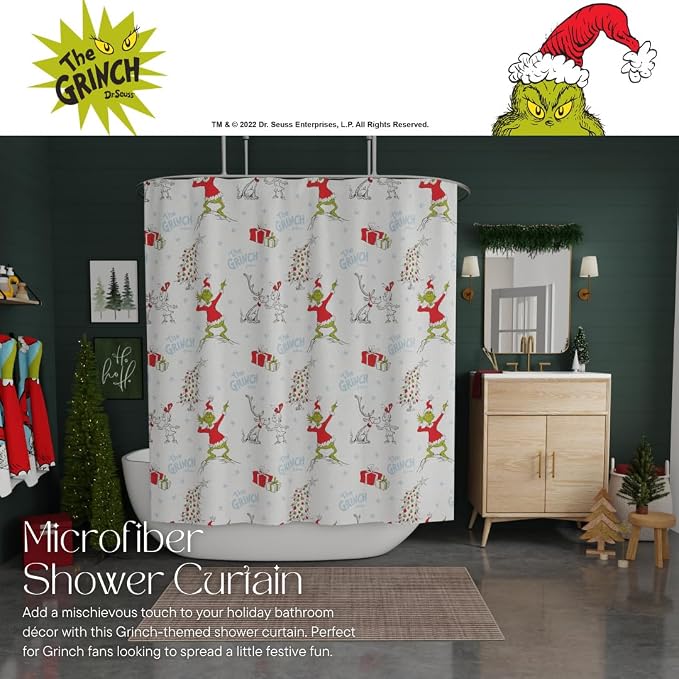 Grinch Holiday Christmas Bath Microfiber Shower Curtain, 72x72, (Officially Licensed Product) by Franco