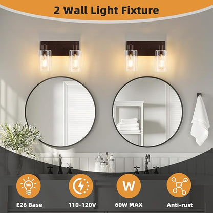 2 Lights Bathroom Light Fixtures Oil Rubbed Bronze Vanity Light with Clear Glass Shade 13in Modern Bathroom Lighting Fixtures Over Mirror for Bedroom/Living Room