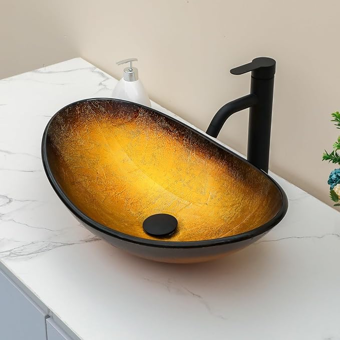 Sarlai Boat Shape Bathroom Vessel Sink with Black Faucet and Pop-up Drain Set 21x14 Inch Modern Artistic Tempered Glass Basin Countertop Bowl Sink for Lavatory Vanity Cabinet