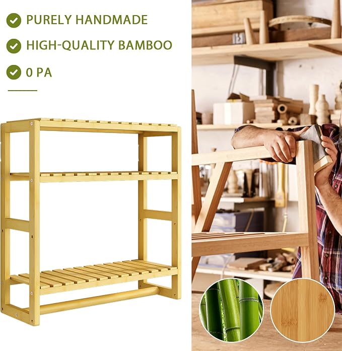 Galood Over The Toilet Storage Bathroom Shelves Wall Mounted Yellow | 3 Tier Space Saver Corner Shelf Organizer Bamboo Towel Rack Toilet Paper Cabinet with Hanging Rod