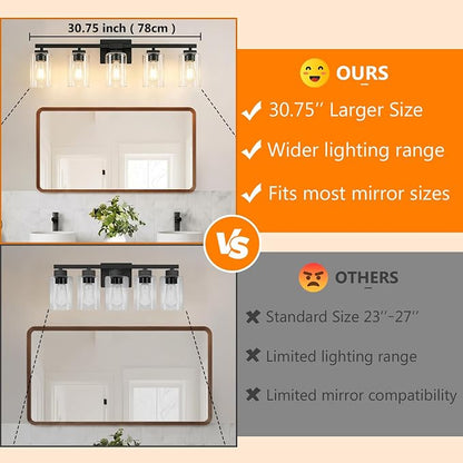 31” Bathroom Light Fixtures Over Mirror,5-Light Black Vanity Light | Square Clear Glass & Durable Metal, Quick & Easy Installation, Standard E26 Socket, Bright Bathroom Lighting