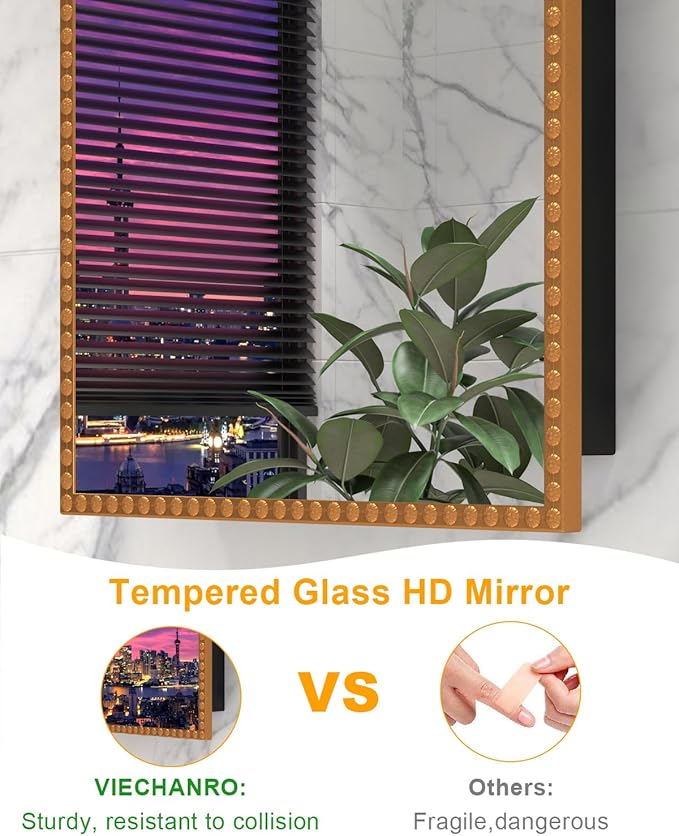 Bathroom Medicine Cabinet with Mirror, Wall Mount or Recessed Bathroom Mirror with Storage, Full-Metal 2 Adjustable Shelves and 1 Cabinet Organizer, Modern and Luxury Daisy Decor Bling Gold 20x28 Inch