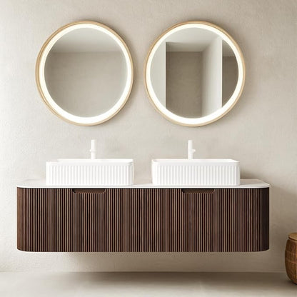 60" Floating Bathroom Vanity with Sink, Wall-Mount Cabinet with 2 Large Storage Drawer, 2 White Rectangular Ceramic Basins and Marble Top, Soft-Close Design, Dark Walnut