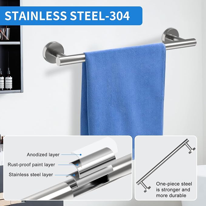 Brushed Nickel Bathroom Accessories, Bathroom Hardware Set, SUS304 Stainless Steel Bathroom Towel Holder Set, 16 Inch Towel Bar Set 5 Pcs, 2 Towel Hooks, Toilet Paper Holder, Towel Ring