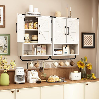 RUSTOWN Farmhouse Wall Storage Cabinet with Two Barn Door, Rustic Mounted Medicine Cabinet with Adjustable Shelf and Towel Bar, 3-Tier Wood Cabinet for Kitchen, Bathroom, Living Room (Washed Oak)