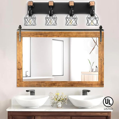 Farmhouse Vanity Light Fixture,4-Light Bathroom Lighting,Black Industrial Wood Wall Light Over Mirror with Metal Shade,LED Bulbs Not Included