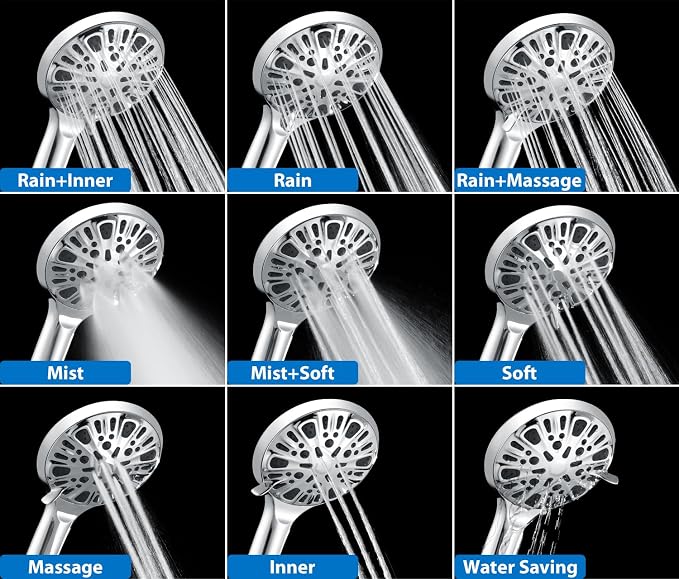 2 in 1 Shower Head with Handheld Combo High Pressure Silver 2.5 GPM | 7.2" Rain Showerhead and 9 Spray Hand Held Shower, Adjustable Shower Angle, 59-inch Rotatable Stainless Steel Hose